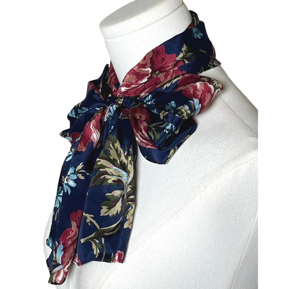 Floral Satin Neck Scarf Navy Blue Bow Tie Neck Cottagecore Vintage‎ Style OS